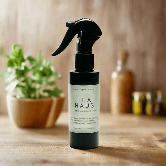 Bottle of Tea Haus Room & Linen Spray in a kitchen