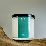 Meet Haus Fells Point soy candle, a Baltimore neighborhood scent: 9 oz clear glass jar with matte black lid and green No. 14 label, set on a weathered driftwood branch against a soft gray backdrop.