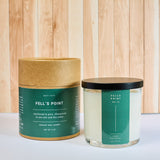 Meet Haus Fells Point soy candle, a Baltimore neighborhood scent: 9 oz clear glass jar with black lid and green label beside its kraft tube box noting sea salt and dry cedar, on white against pale wood panels.